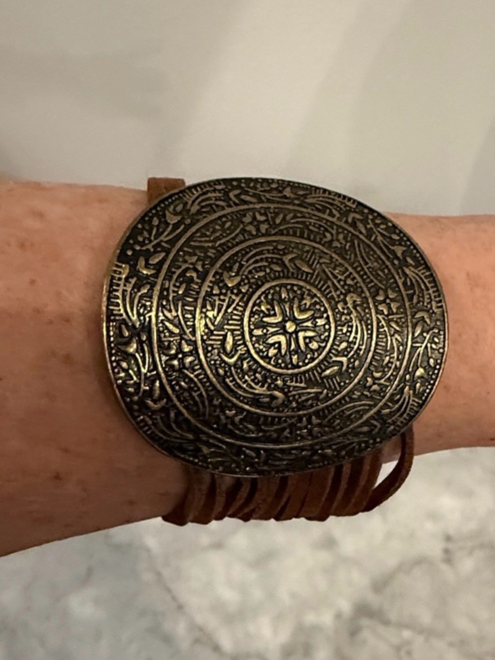 Boho Engraved Medallion Leather Cuff Bracelet - Brown